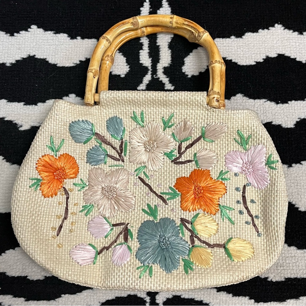 Vintage 60s Straw Embroidered Floral Raffia Cabana Mini Bag Bamboo Handles